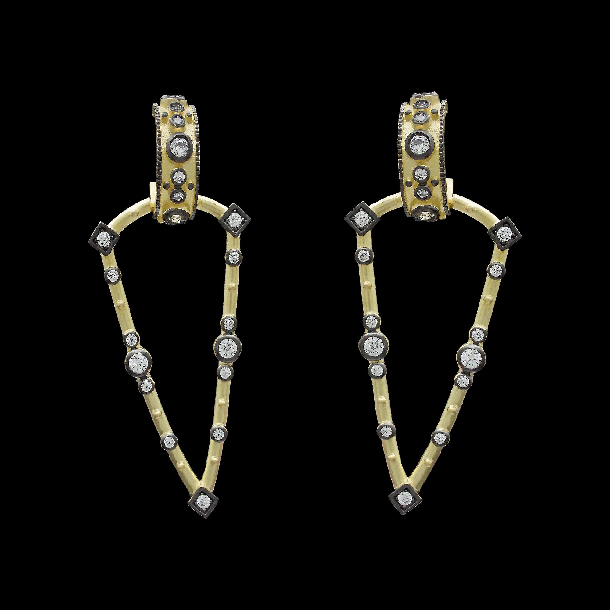 Gold Open Triangle With Black Trim And CZ Earrings - Be-Je Designs