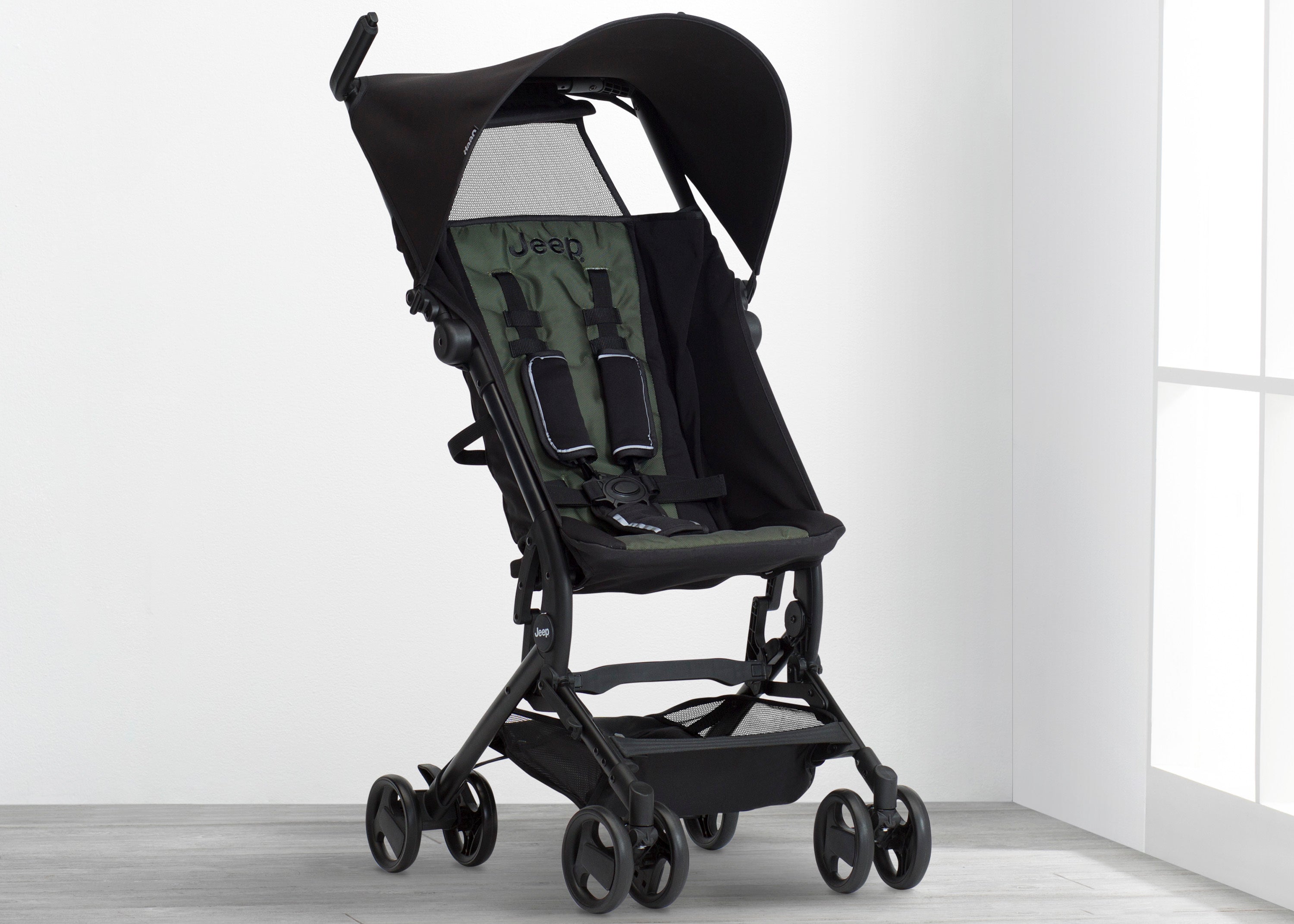 olive green car seat and stroller