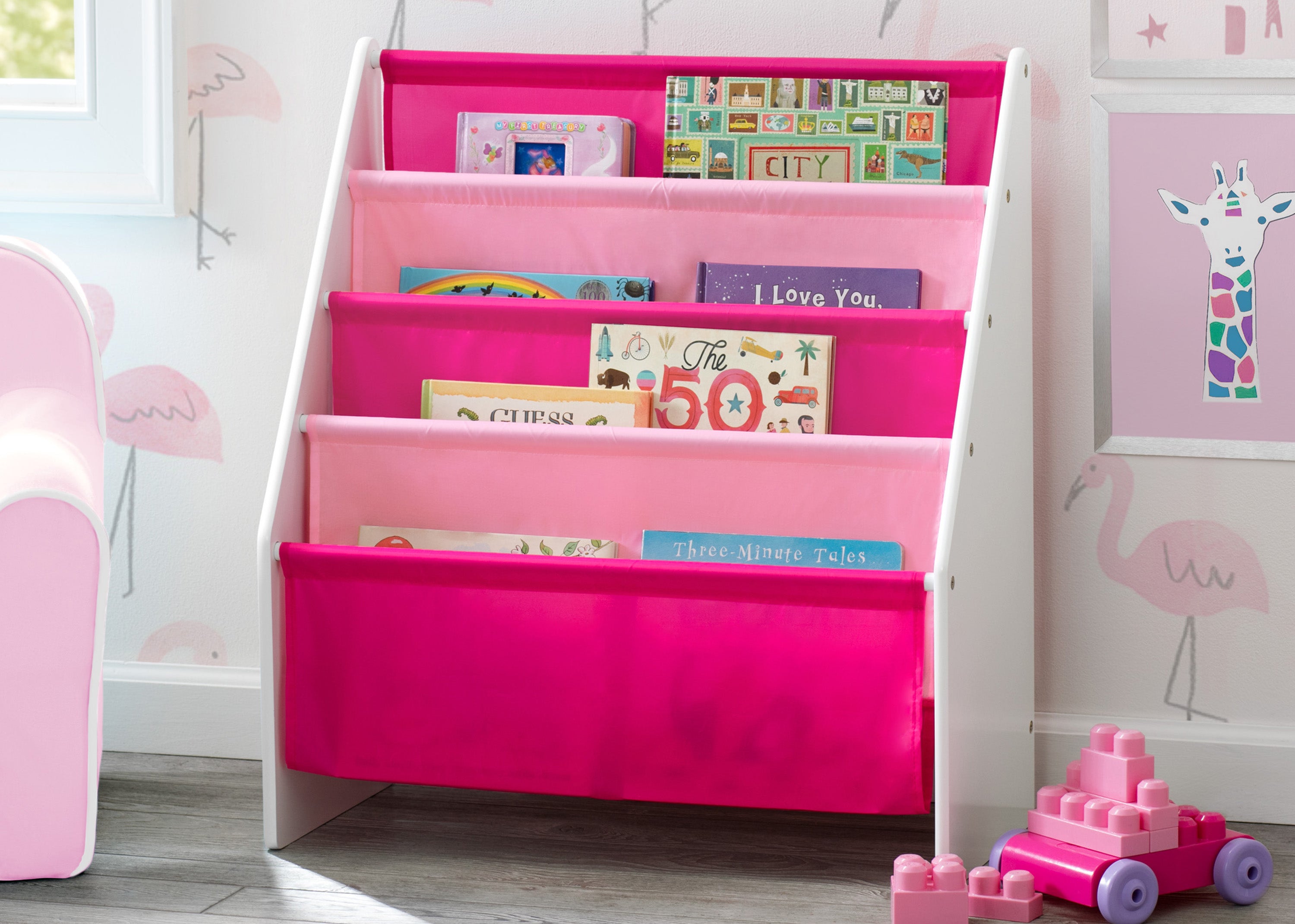 sling bookcase with storage bins