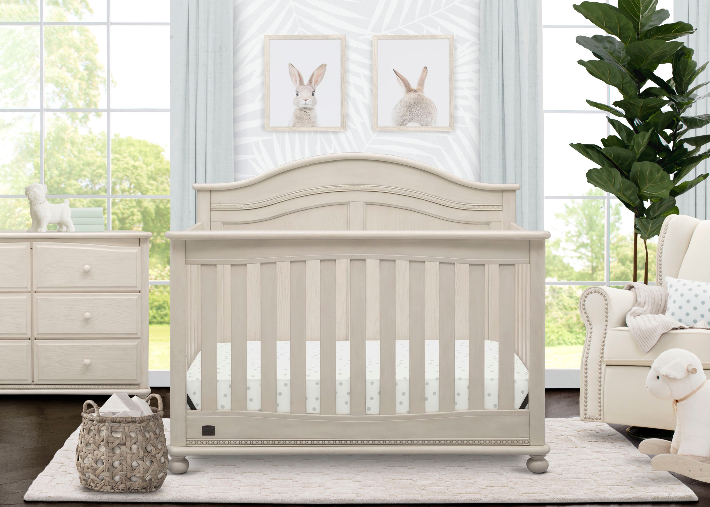 white crib with wood trim