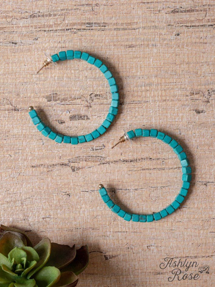 BLAME IT ON MY ROOTS TURQUOISE SQUARE BEADED HOOPS: Turquoise / One Size