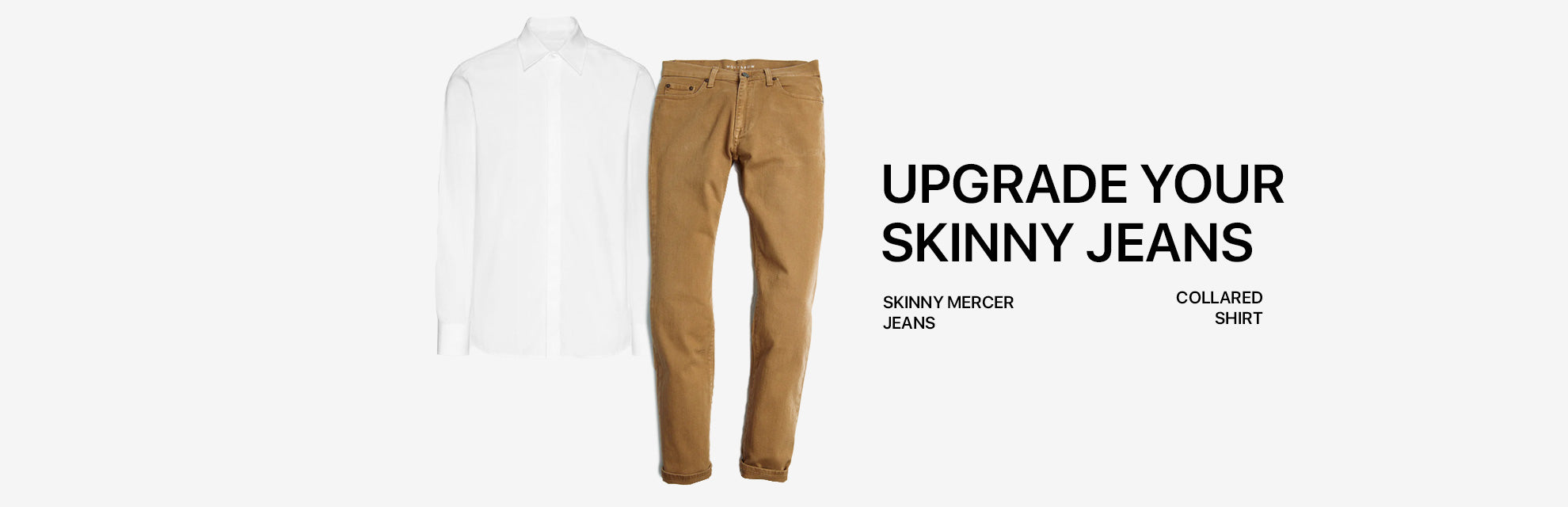 An elevated semiformal outfit: our khaki skinny Mercer jeans for men paired with a collared white shirt