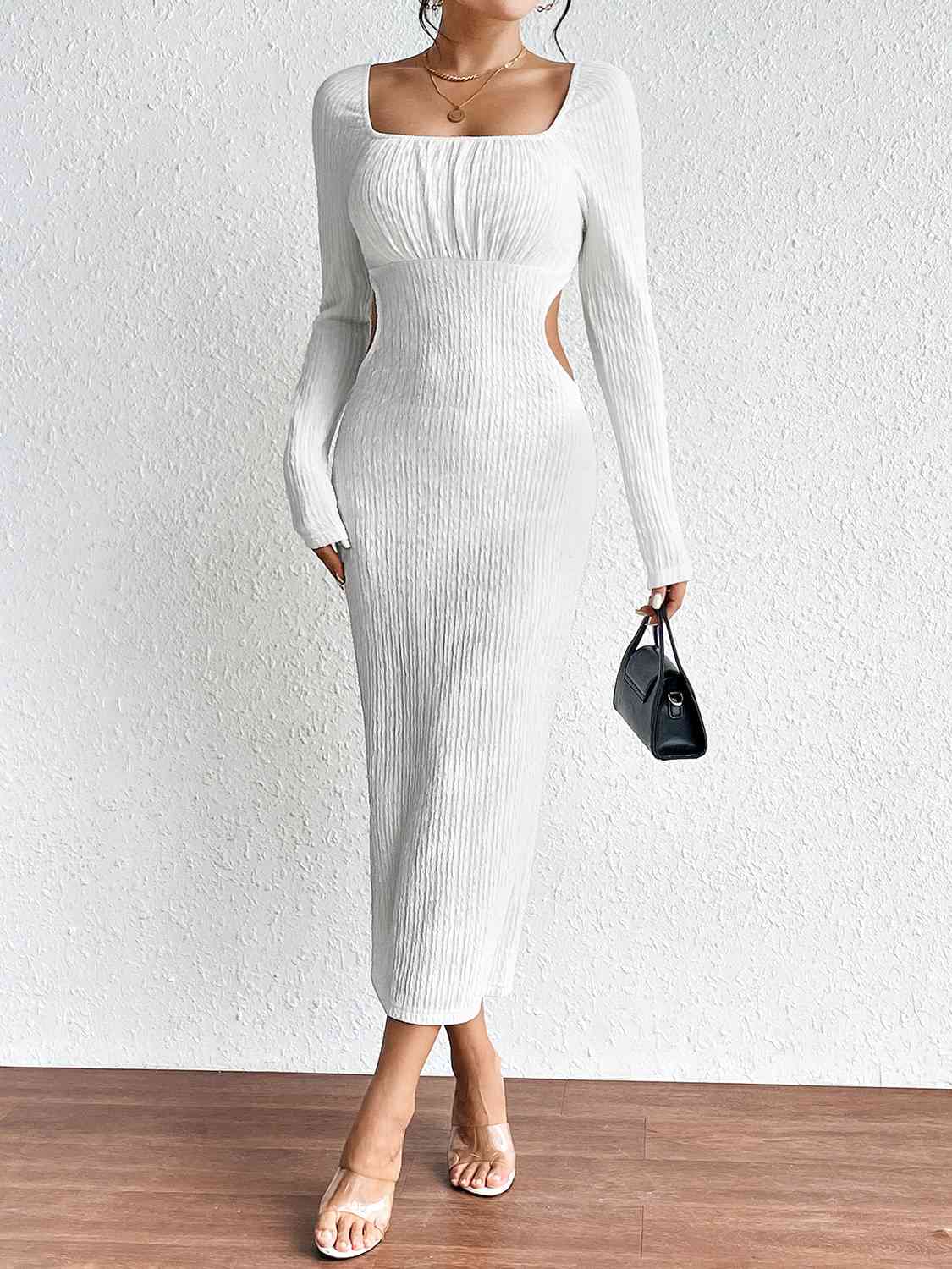 Square Neck Cutout Long Sleeve Dress - Wedeh's Fashion
