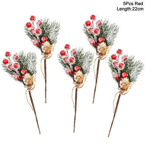 Flor artificial pinha ramo decorativo natal artificial 5 peças de decoração de árvore de natal, buquê de frutas