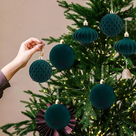 Enfeites flocados para árvore de Natal, bolas de Natal, bolas de Natal flocadas, enfeites