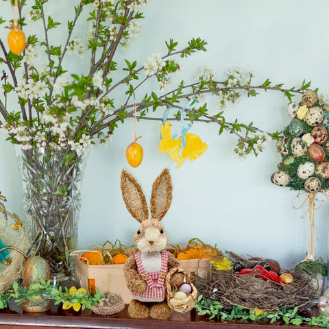 Coelhos de palha fofos, decorações em pé com cenouras, festa de páscoa ornamento