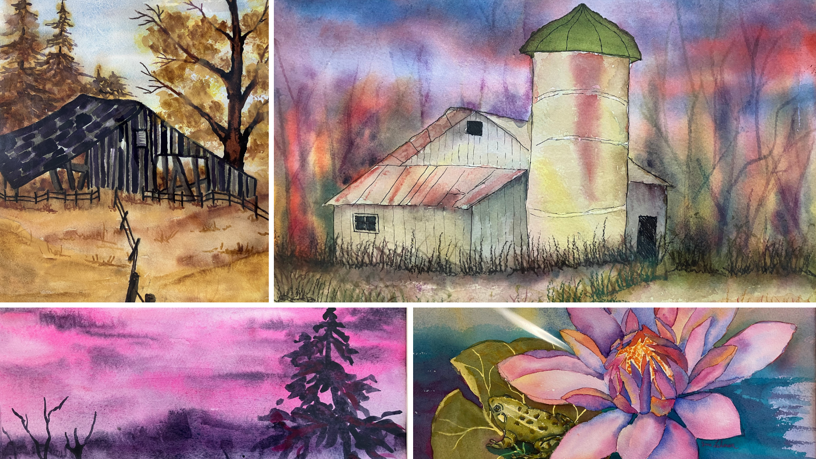 Collage of watercolour paintings. Top left is an old barn, top right is a barn with a silo in the foreground, bottom left is a sunset with a tree in silhouette, and bottom right is a lotus flower with frog.