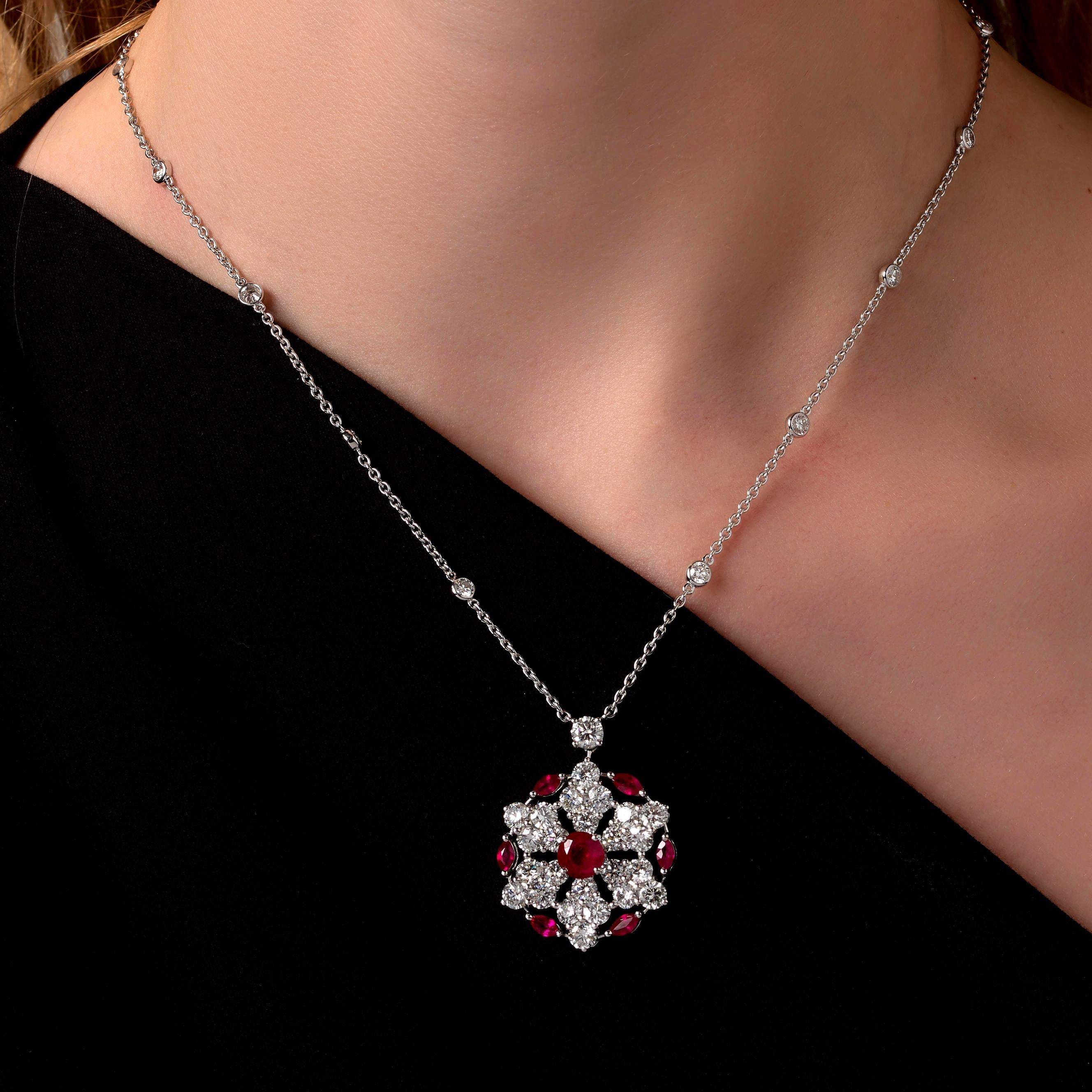 Graff Ruby & Diamond Snowflake White Gold Pendant Necklace For Sale