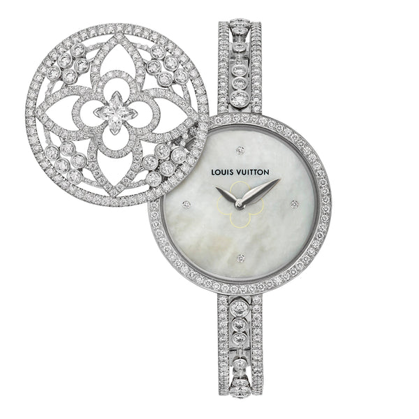 Louis Vuitton - Tambour with Exquisite Rose Gold and White Flower Design on  the Dial - Diamond Hour Markers - Gold Case with Thin White Leather Band