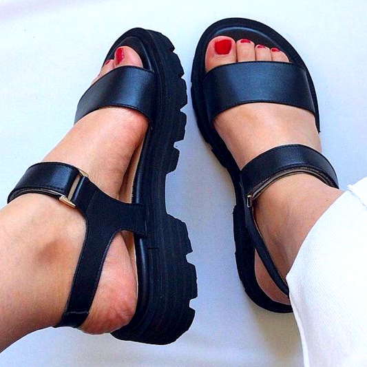 Two-strap leather sandals - BLACK – Elmario Shoes