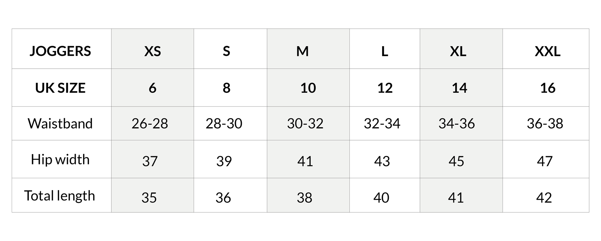 Women's Joggers Size Chart