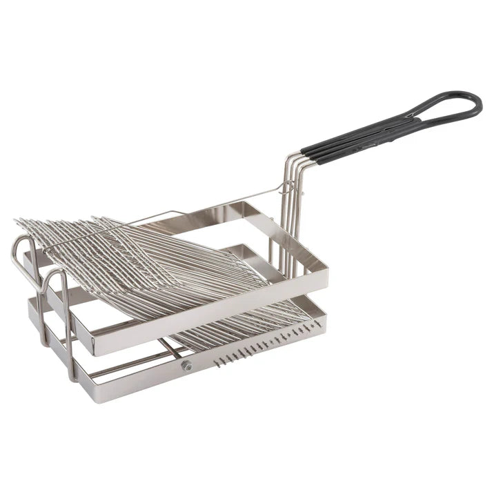 Tostada Basket 8/Pack heavy-duty tostada shell fry basket is made of rugged, nickel-plated steel and holds up to 18 tortillas in individual vertical slots. This basket fries all tortillas up to 6" in diameter, and includes a sturdy hanging hook.