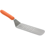 High Heat Perforated Flexible Turner w/ Offset 12/Pack high quality stainless steel construction of the blade makes it exceptionally durable and sturdy enough to support heavy foods without bending. Featuring a flat blade, this turner easily slides under food while its flexibility provides optimal maneuverability. Thanks to its orange high-heat handle, this well-designed item stays cool to the touch and provides a slip-free comfortable grip. This model is also dishwasher safe and NSF listed.