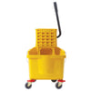 (Yellow 26 qt, Yellow 36 qt, Red 36 qt) Mop Bucket w/ Wringer 1/Pack features a reinforced spring, powder coated handle and rubberized grip for effortless mop wringing. The 4 non-marring swivel casters gently glide over flooring surfaces and thresholds for easy maneuvering over all flooring types. Each caster is surrounded by bumpers to mitigate damage to walls and furniture when moving. The built-in handle ensures the bucket can be securely lifted when emptying.