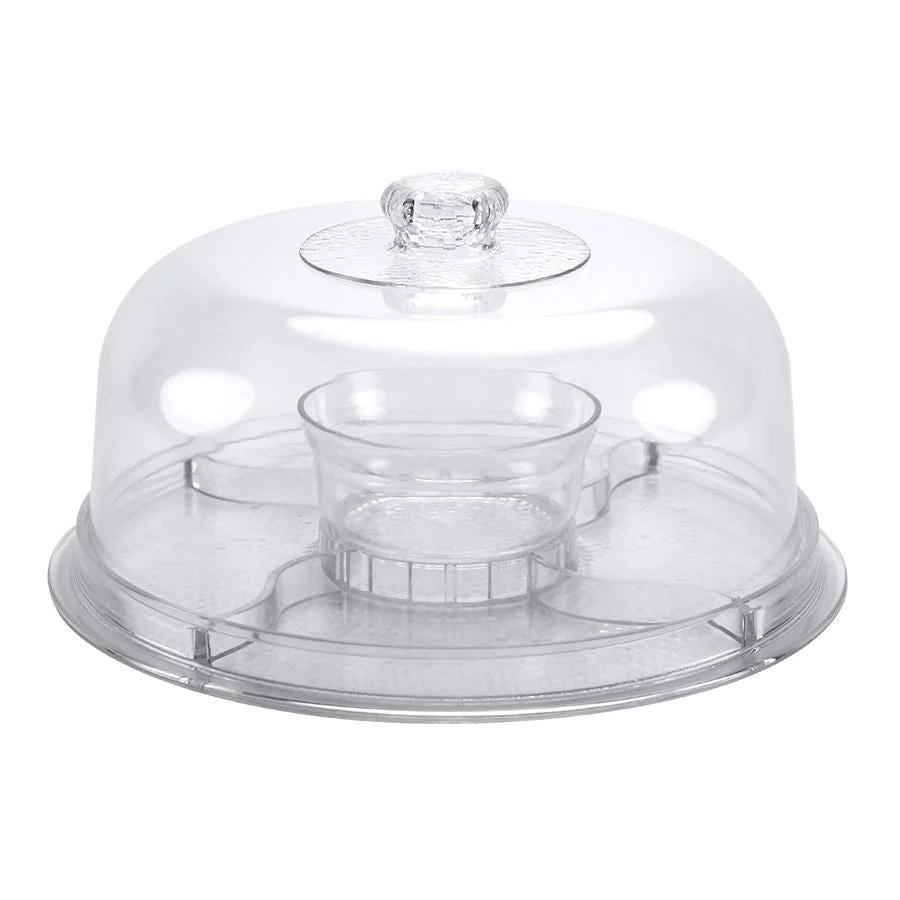 Clear 6-in-1 plastic server with a 3-piece design, ideal for serving cakes, salads, punch, and more at parties, buffets, and events with a stylish and functional presentation.