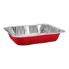 Half-size aluminum pan in red, white, black, gold, and pink. Heavy-duty, disposable, oven-safe, and durable. Perfect for baking, roasting, catering, and meal prep. Stylish and functional for all uses.