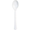 Pearl plastic cutlery set with forks, knives, soup spoons, and teaspoons. Elegant, durable, and disposable—perfect for weddings, bridal showers, and upscale events. Adds sophistication to any table setting.