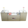 Benchmark Food Warmer 1/Pack with two pumps for more options, and these pumps are color coded. These pumps will accept #10 size cans, 1.5 gallon, or 3 qt. stainless steel jars. This unit also has three 4" deep 1/9-size pans that come included. There are two cold packs that also come included to keep your 3 pans cold, and the inset well is insulated. The 52001 has clear hinged lids that have a cutout for spoons and ladles, and those lids can stay opens as you are re-stocking them when product runs low.