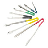(Blue, Green, Black, Red, Yellow - 12", 16", 9") Utility Tong 6/Pack features a texturized non-slip polypropylene handle that is heat-resistant up to 220 degrees F. Long heavy-duty stainless steel utility tongs that feature a heat-resistant polypropylene coated handle. The color-coded handles on these utility tongs are designed to help you develop your own color-coded program to promote safety and reduce the risk of cross-contamination.