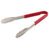  (Blue 12", Black 12", Red 12", Blue 9-1/2", Black 9-1/2", Red 9-1/2") Utility Tong resist rust and corrosion even after frequent use in commercial kitchens. Ideal for flipping pan-fried chicken or pulling pork tenderloins from baking racks, this kitchen utensil’s thin scalloped tips increase grip on hot or cold food items. Its silicone handle protects users’ hands from burns and provides insulation when placed or used in cold temperatures. 