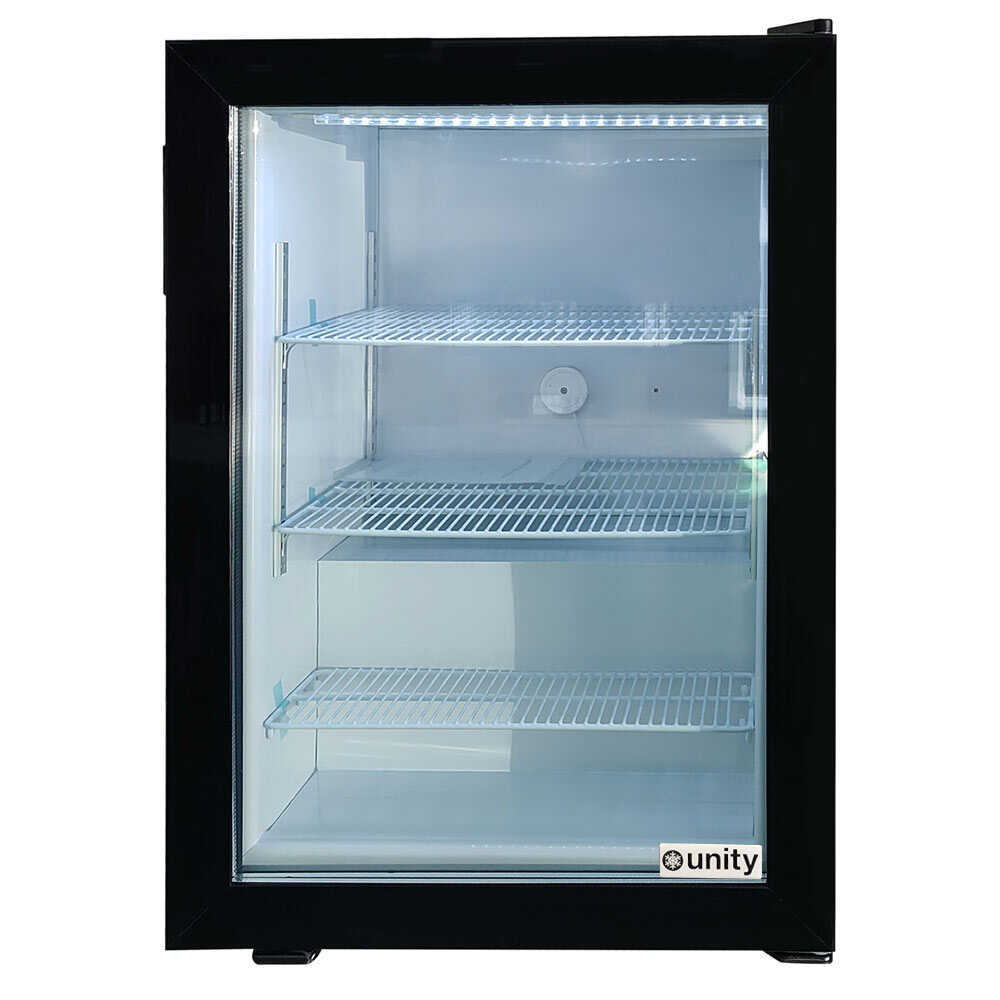 Unity U-CF3 24-inch black glass swing door countertop display freezer with a 3.5 cubic foot capacity. This compact unit offers clear visibility and easy access to frozen products, perfect for small retail spaces.