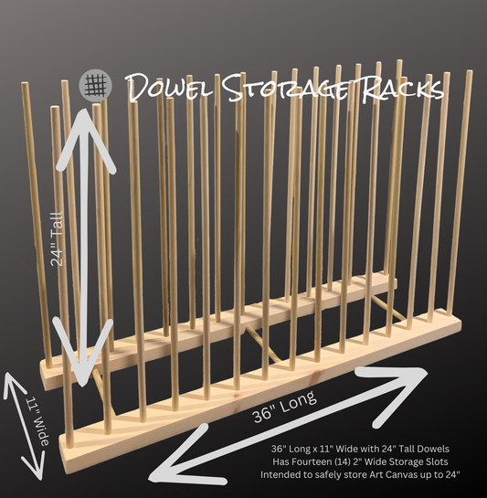 Adjustable Art Storage Rack 24 Long X 11 Wide With 24 Tall Dowels