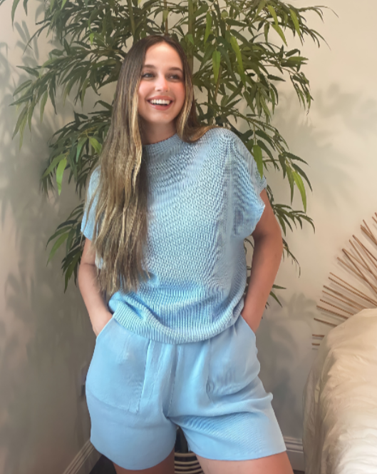 ZESICA Short Sleeve Mock Neck Knit Pullover Top and Shorts Lounge Set