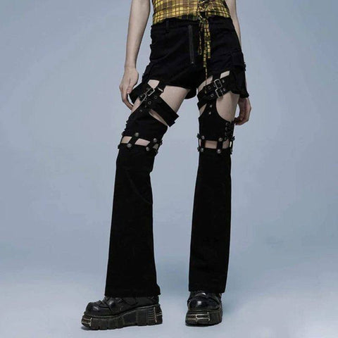  AKIWOS Gothic Punk Tight Pants High Waisted Buckle