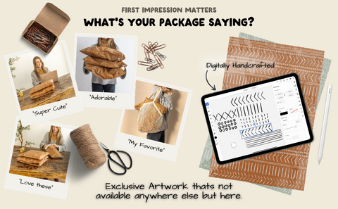 Overview of the digitally handcrafted boho design on Favorite Supplies' Boho Brown Poly Mailers. A meticulous process ensuring a unique and stylish shipping solution.