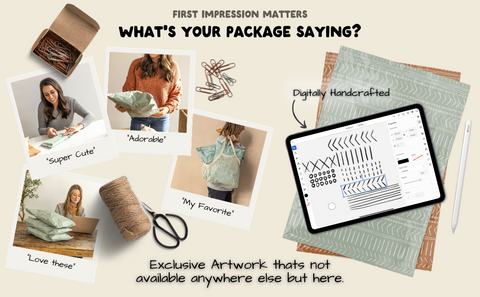 Exclusive artwork overview for 10x13 Green Geo Boho Poly Mailers, digitally handcrafted on an iPad. Make a memorable first impression with unique, unavailable-anywhere-else designs.