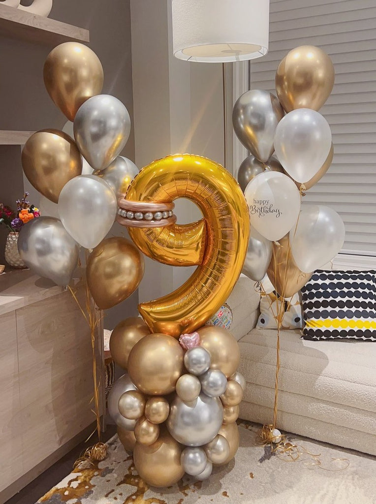 Single Number Balloon Arrangement with 2 helium bundles (All Chrome Balloon)
