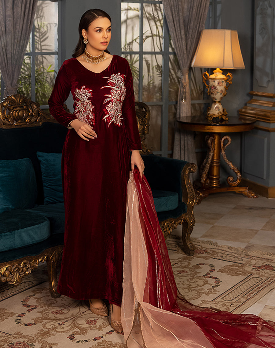 maroon color velvet dress