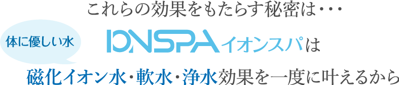 これらの効果をもたらす秘密は… 身体に優しい水イオンスパは磁化イオン水・軟水・浄水効果を一度にかなえるから