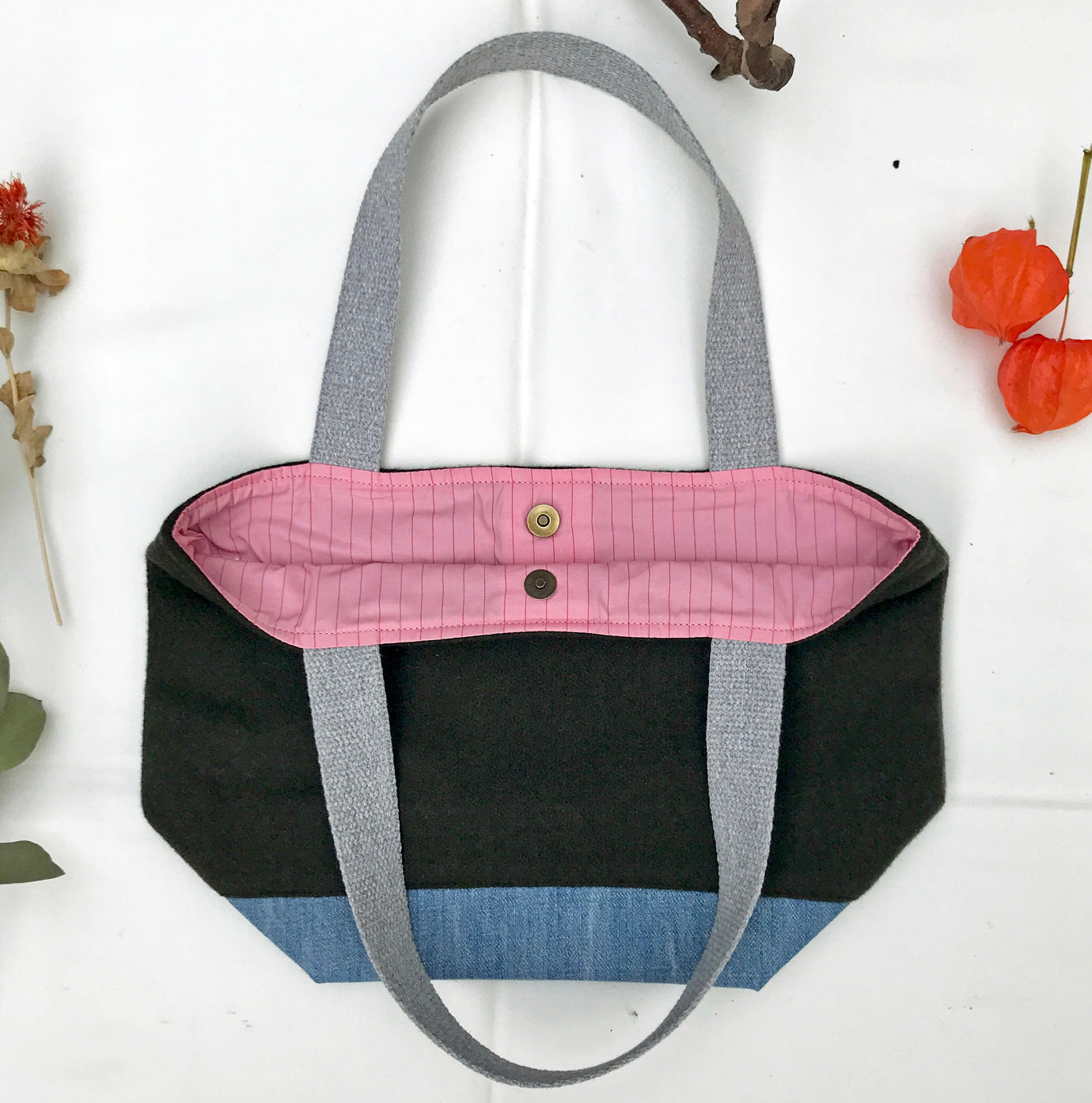 xs Handbag. Bag. Ex designer olive green wool and light blue denim handbag.