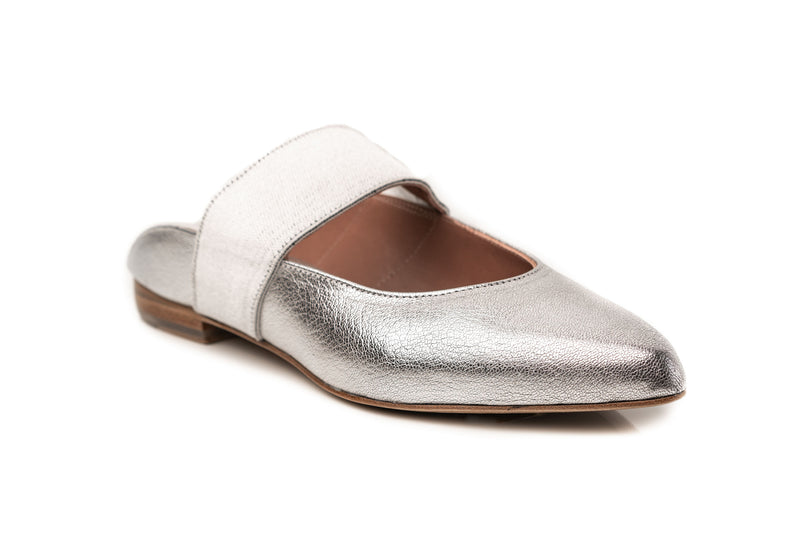 wide silver flat shoes