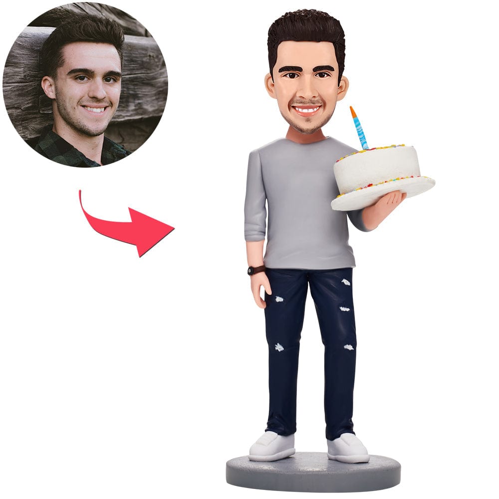 Birthday Gifts - Custom Man Holding Cake Bobbleheads With Engraved Text - MYSTICHOT product image