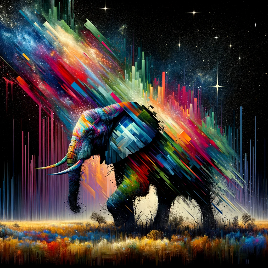 A visual piece that combines the grandness of elephants with contemporary art. Imagine an elephant under a star-studded sky in the wild, its silhouett