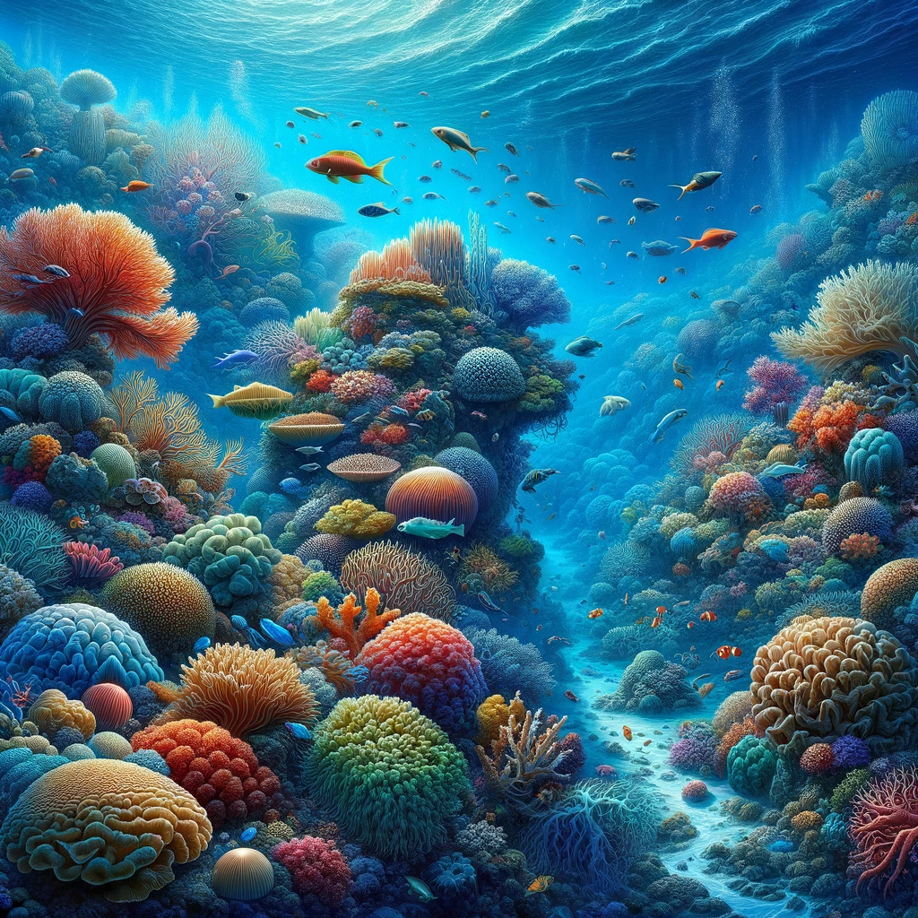 An awe-inspiring artwork showcasing the vibrancy of Marinelife Coral Reefs in Realistic Art style. The image should encapsulate the rich colors, diver