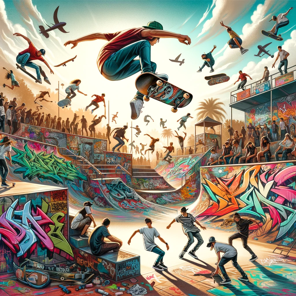 Dynamic, action-packed image suitable for poster printing, depicting a lively skate park scene with graffiti and murals, ensuring no borders