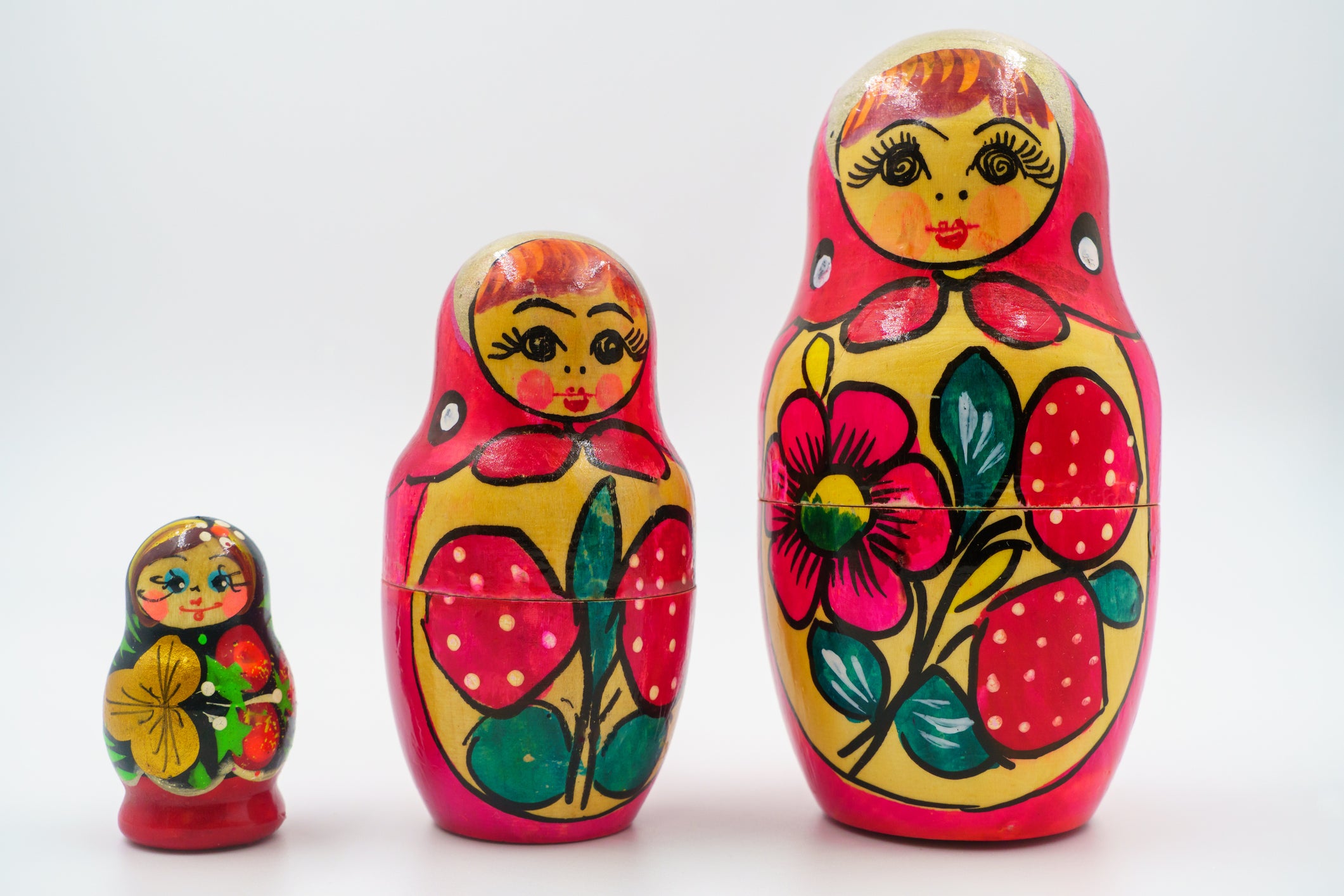 Nesting dolls, wooden traditional Russian matryoshka. Hand-painted, floral folk pattern. handicraft, craftsmanship