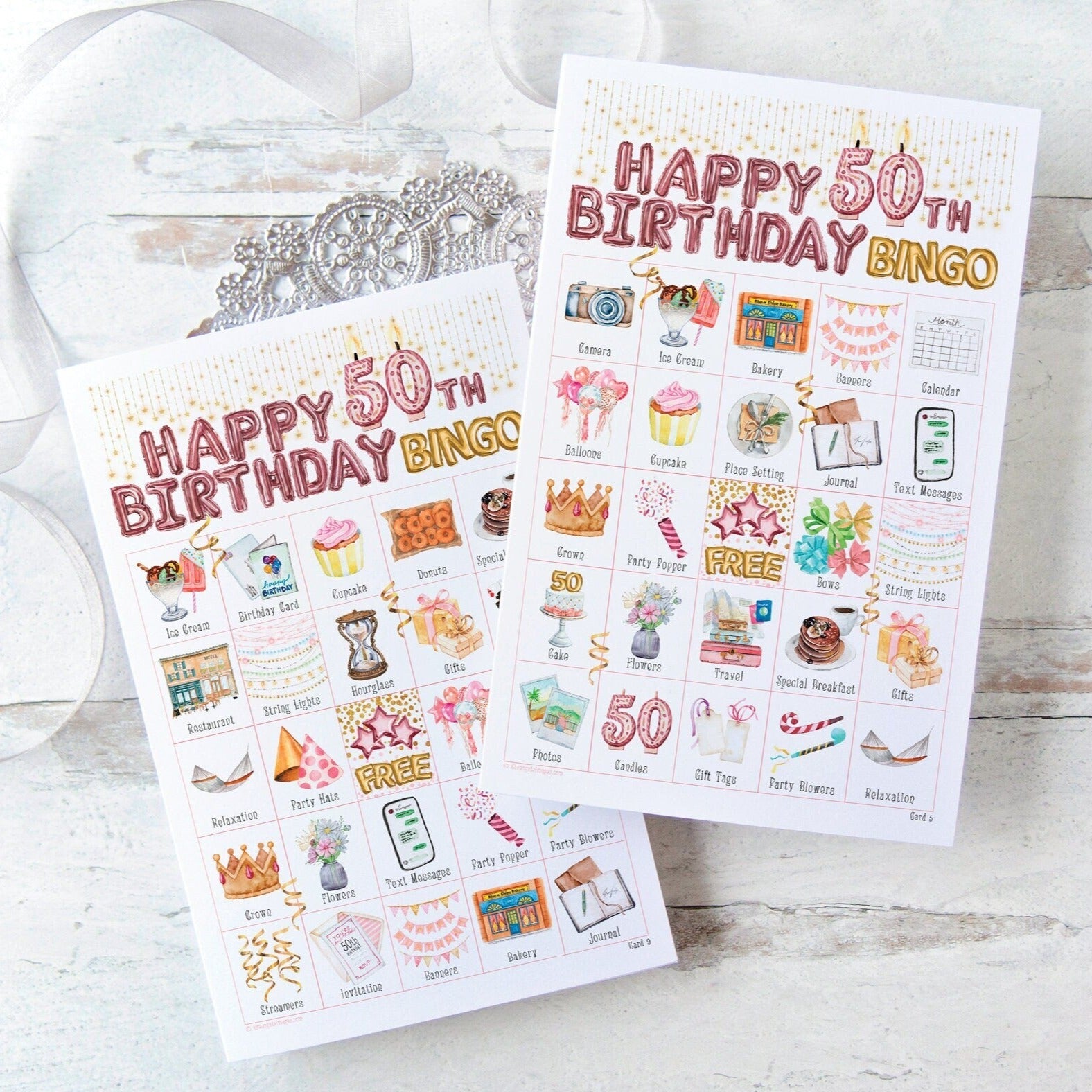 50th Birthday Bingo - 50 PRINTABLE unique cards. Instant digital download PDF. Blush, rose pink tones with watercolor art. Woman's birthday.