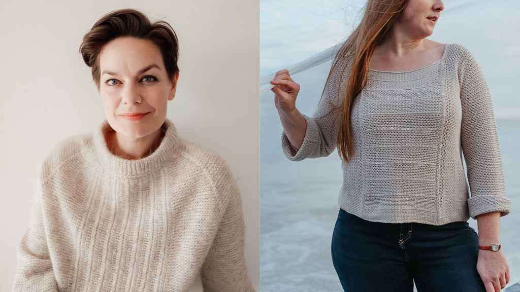 On the left: Jeanette wears an oversized cream jumper. On the right: Kahena is a light off-white, long-sleeve top.