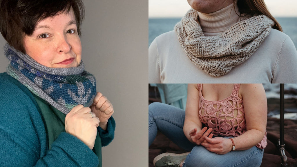 On left: Claudia is wearing a colourwork cowl and tugging it with both hands, on the right: Claigan cowl is a loose fitting and Wind Rose is a lace tank top.