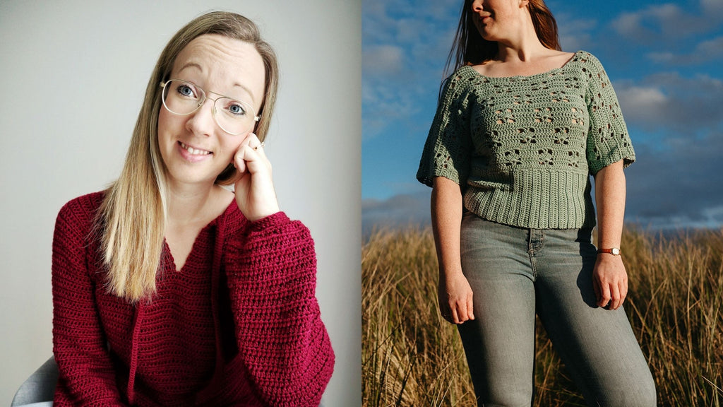 On the left: Emilia is wearing a blood red jumper and leaning on her elbow, and on the right: Seashell top features some filet crochet
