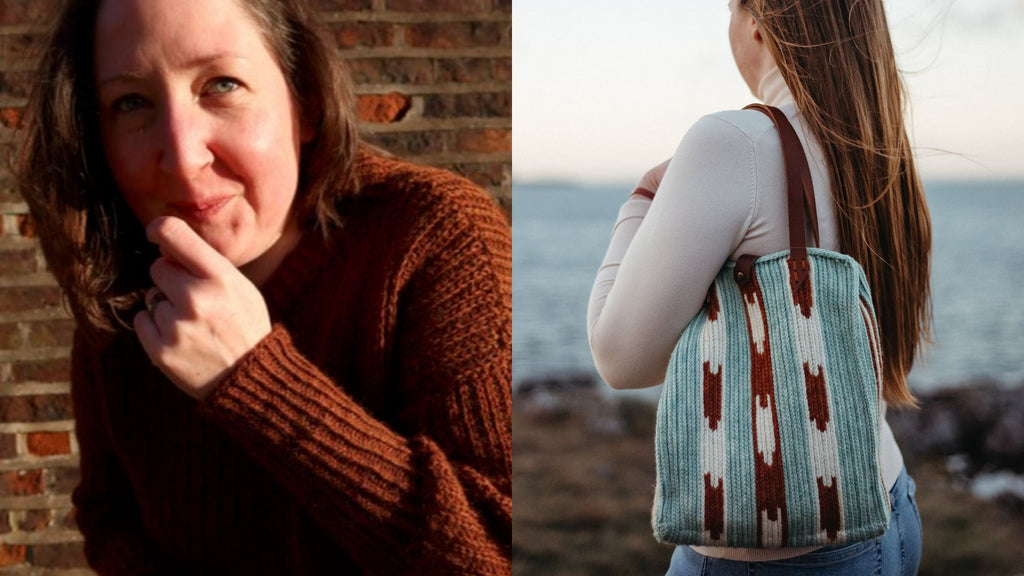 On the left: Fay wears a rust colour sweater and her her hand on her chin, On the right: Drift is a colourwork tote bag.