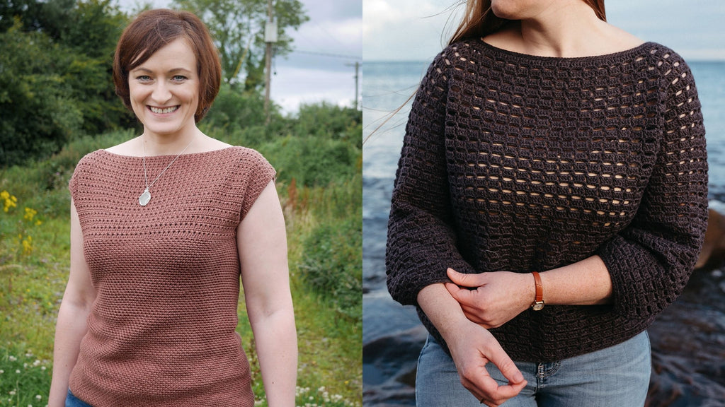 On the left: Ines wears a terracotta color crochet top, and on the right: the Aiteall top in dark aubergine is made with a brick stitch
