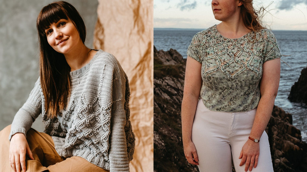 On the left: Linda wears a pale grey crochet jumper and her arm rests on her leg, and on the right: the Spenedrift top features a lace yoke.