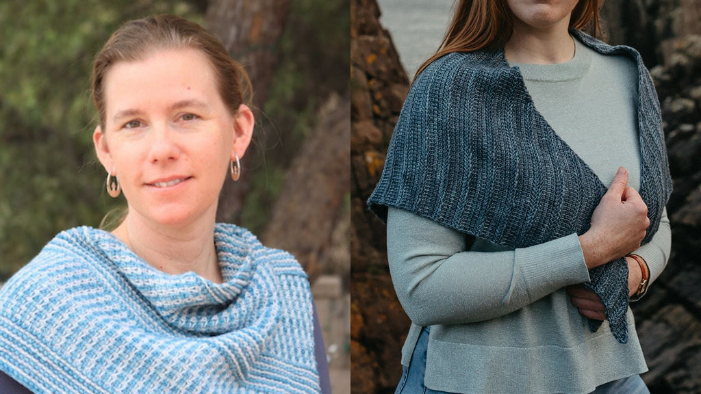 On the left: Lori Harrison wears a pale pale blue shawl around her neck, and on the right: the Deeside triangular shawl.