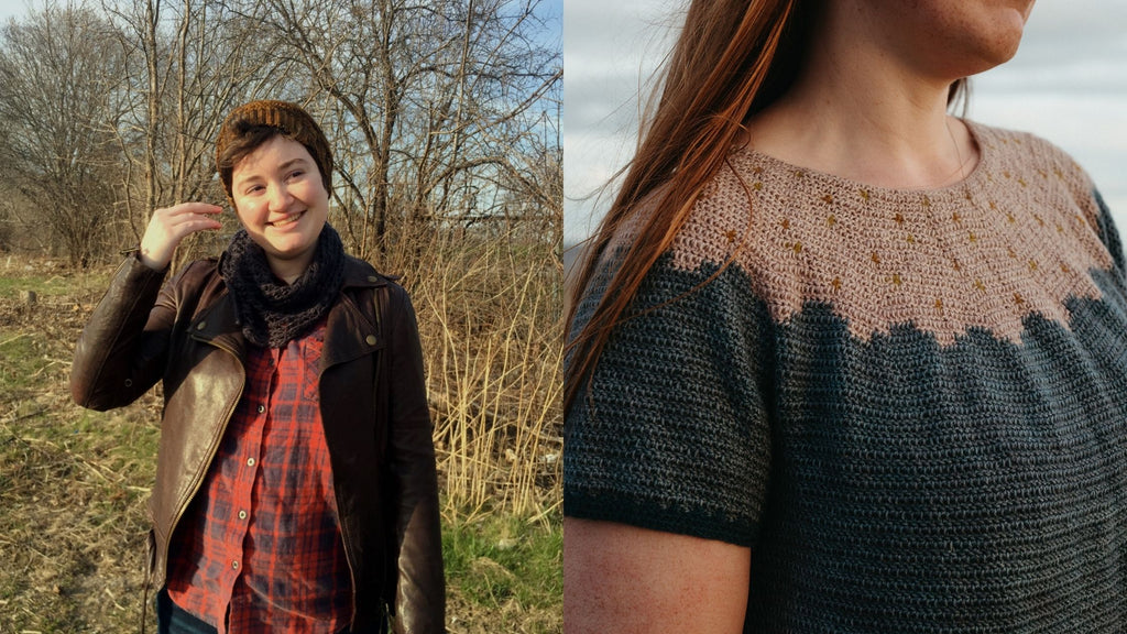 On the left: Michelle Boucher wearing a brown leather jacket. On the right: A close up of the Marée Basse top.