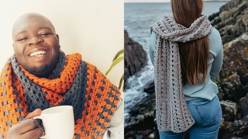 On the left: Stephan wears a large orange and grey shawl, On the right: His design is a neutral coloured, textural scarf